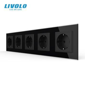 Розетка п'ятимісна з заземленням Livolo чорний скло (VL-C7C5EU-12) VL-C7C5EU-12 фото