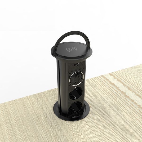 Висувний блок дві розетки, USB, Bluetooth колонка та бездротова зарядка Livolo чорний (VL-SHS022-FCTC-FCF-B) VL-SHS022-FCTC-FCF-B фото