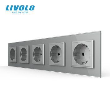 Розетка п'ятимісна з заземленням Livolo сірий скло (VL-C7C5EU-15) VL-C7C5EU-15 фото
