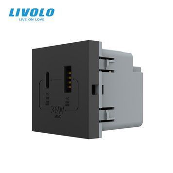 Механізм розетка USB-A та USB-C з Power Delivery 36W Livolo чорний (VL-FCUA18W.UC18W-2BP) VL-FCUA18W.UC18W-2BP фото