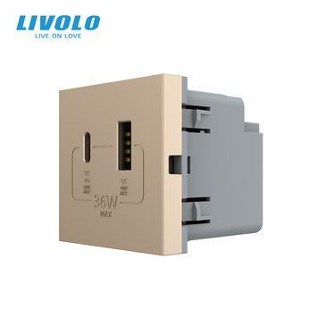 Механізм розетка USB-A та USB-C з Power Delivery 36W Livolo золотий (VL-FCUA18W.UC18W-2AP) VL-FCUA18W.UC18W-2AP фото