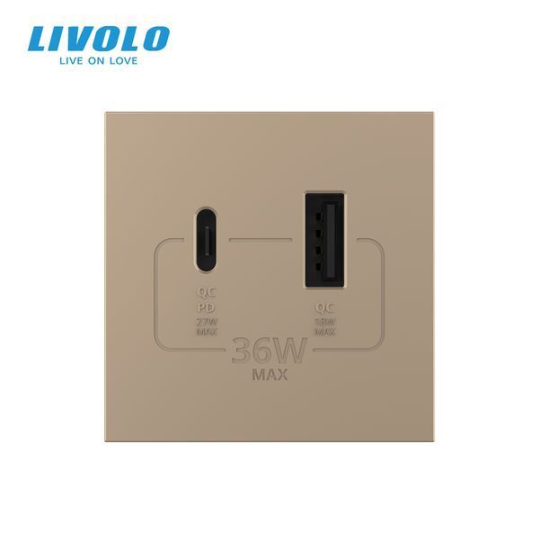 Механізм розетка USB-A та USB-C з Power Delivery 36W Livolo золотий (VL-FCUA18W.UC18W-2AP) VL-FCUA18W.UC18W-2AP фото