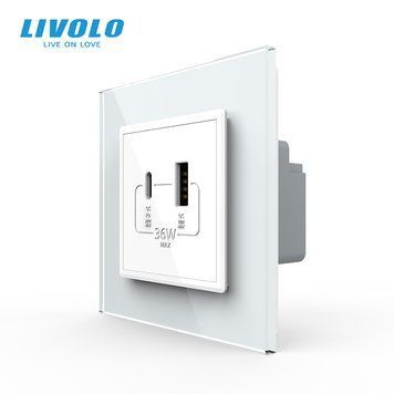 Розетка USB-A та USB-C з Power Delivery 36W Livolo білий скло (VL-C7FCUA18W.UC18W-2WP) VL-C7FCUA18W.UC18W-2WP фото