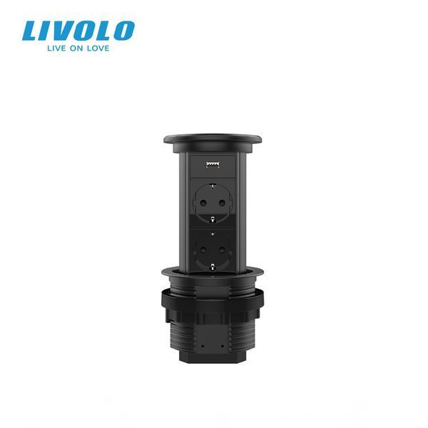 Висувна подвійна розетка з USB та бездротовою зарядкою Livolo чорний (VL-SHS020-FCTC-B) VL-SHS020-FCTC-B фото