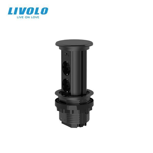 Висувна подвійна розетка з USB та бездротовою зарядкою Livolo чорний (VL-SHS020-FCTC-B) VL-SHS020-FCTC-B фото