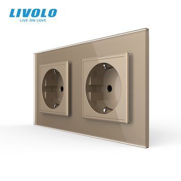 Розетка подвійна з заземленням Livolo золото скло (VL-C7C2EU-13) VL-C7C2EU-13 фото