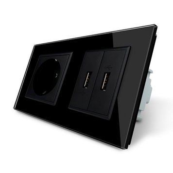 Розетка з заземленням з 2 USB розетками Livolo чорний скло (VL-C7C1EU2USB-12) VL-C7C1EU2USB-12 фото