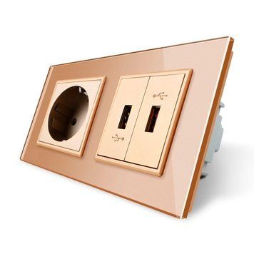 Розетка з заземленням з 2 USB розетками Livolo золотой скло (VL-C7C1EU2USB-13) VL-C7C1EU2USB-13 фото