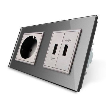 Розетка з заземленням з 2 USB розетками Livolo сірий скло (VL-C7C1EU2USB-15) VL-C7C1EU2USB-15 фото